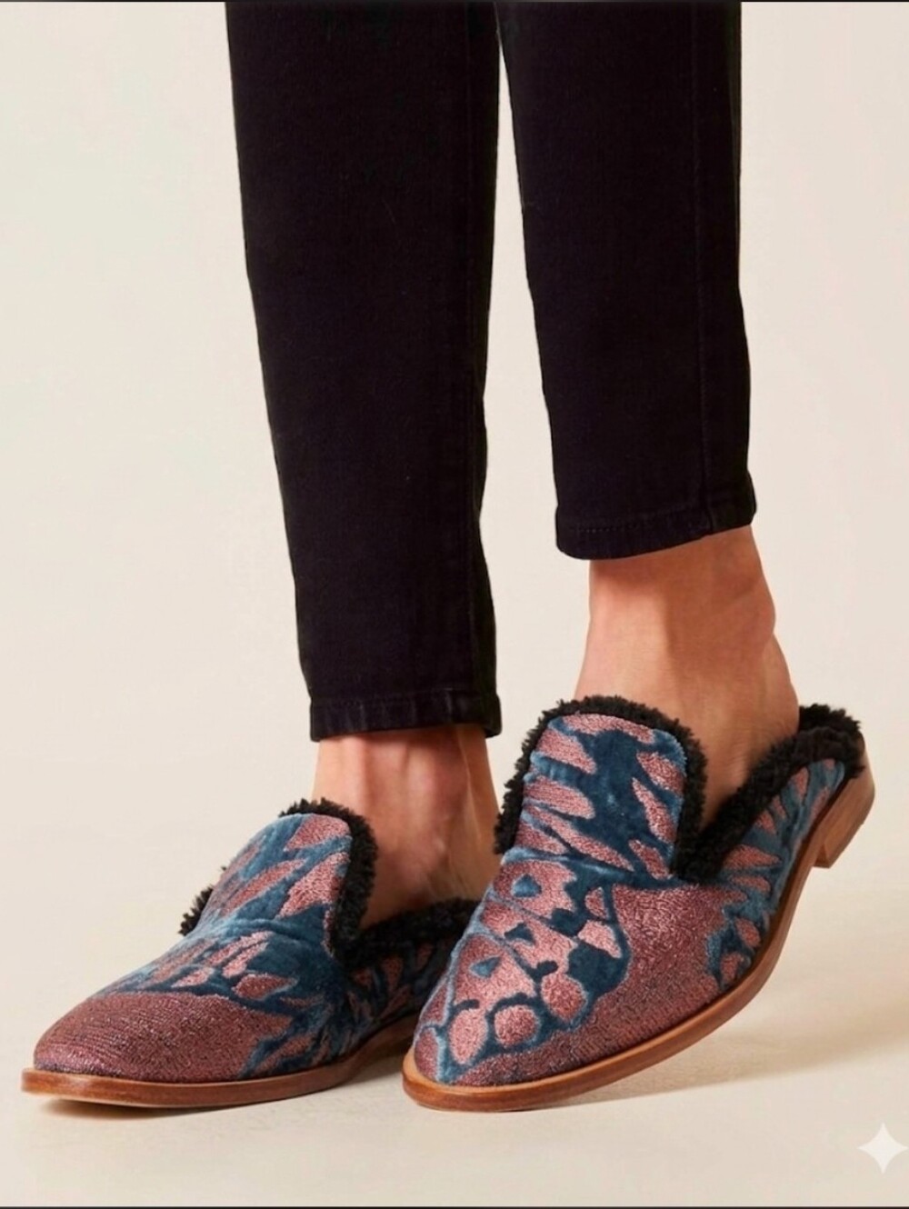 Free People Teal and Mauve Butterfly Effect Patterned Faux-Fur Trim Mule Size 37